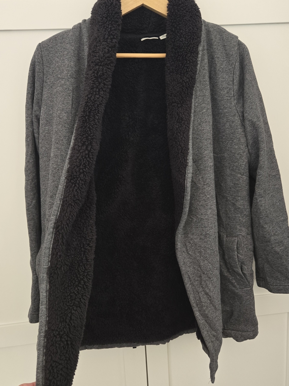 LL Bean Sherpa Lined Cardigan Gray Fleece Open Front Wrap Jacket Cozy Sweater M